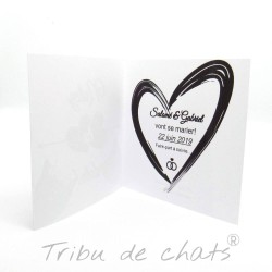 Annonce de mariage classique noir et blanc, carte double, thème chat Tribu de chats, intérieur