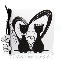 Faire-part de mariage classique noir et blanc, carte double, thème chat Tribu de chats