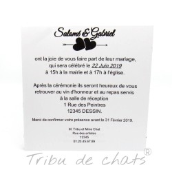 Faire-part de mariage classique noir et blanc, carte double, thème chat Tribu de chats, texte