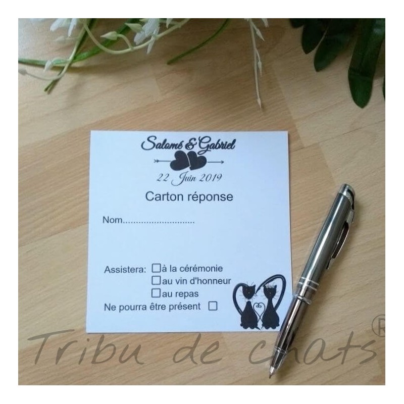 Carton réponse de mariage classique noir et blanc, carte double, thème chat, photo exemple modèle au singulier,Tribu de chats