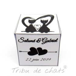Boite à dragées de mariage cube, classique noir et blanc, thème chat Tribu de chats