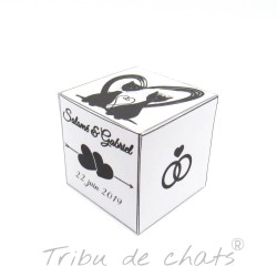 Boite à dragées de mariage cube, classique noir et blanc, thème chat, côté, Tribu de chats
