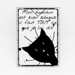 Marque page papier plastifié, motif tête de chat et texte humour mon humain est bien éduqué, noir et blanc, Tribu de chats