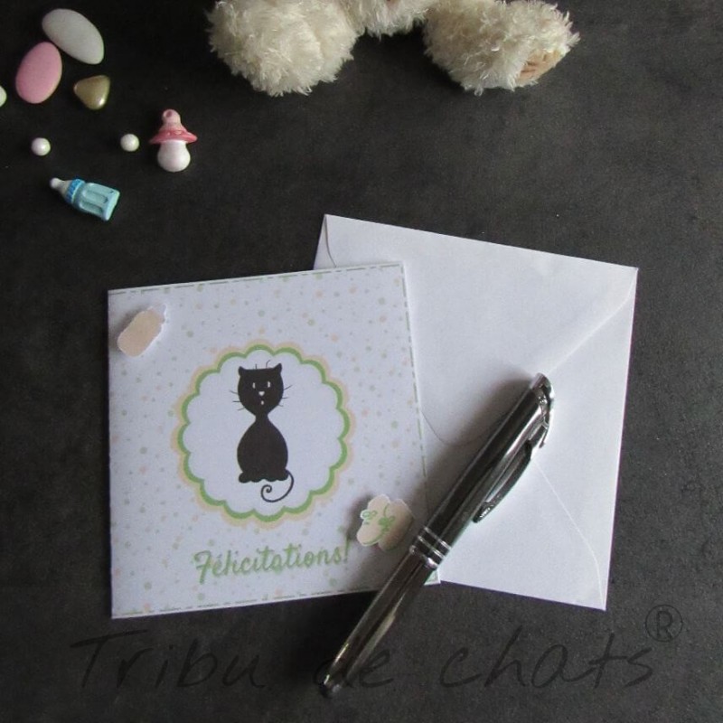 Carte de félicitations de naissance chaton et pois, boutique fans de chats  | Tribu de chats