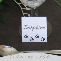 Marque-place carré mariage, découpe en forme de pattes de chat, Tribu de chats