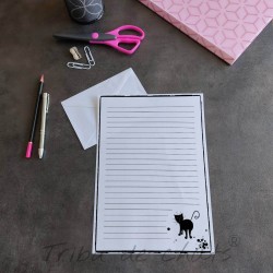 Papier à lettre silhouette de chat noir, A4 noir et blanc, enveloppe et autocollant patte de chat