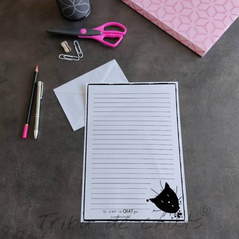 Papier à lettre tête de chat noir et texte humour, A4 noir et blanc, enveloppe et autocollant patte de chat