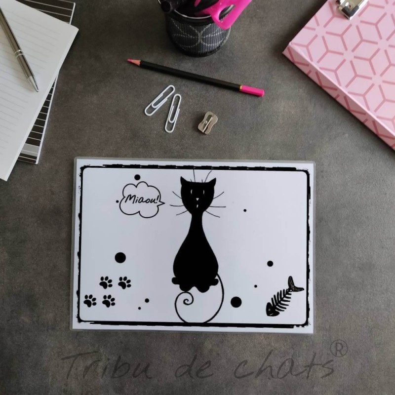 Sous-main de bureau silhouette de chat noir, A4 noir et blanc, Tribu de chats