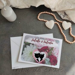 Faire-part de mariage chat, carte double romantique fleuri, Tribu de chats