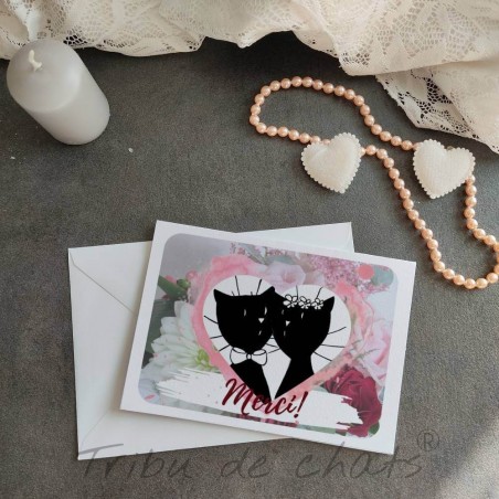 Carte de remerciement mariage chat, carte double romantique fleurie, Tribu de chats