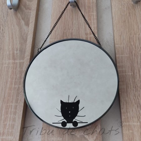 Miroir chat, tête chat noir, métal rond noir, Tribu de chats