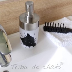 Distributeur de savon et gobelet chat, tête de chat, plastique et inox, noir et blanc, Tribu de chats