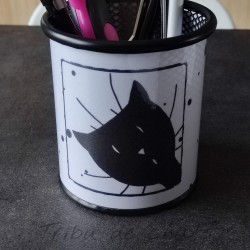 Pot à crayons chat noir, métal noir et blanc, Tribu de chat