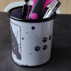 Pot à crayons chat noir, métal noir et blanc, Tribu de chat