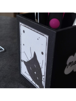 Pot à crayons chat noir, bois noir et blanc, Tribu de chat