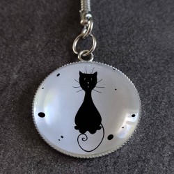 Porte-clés chat, silhouette chat noir, verre, noir et blanc, Tribu de chats