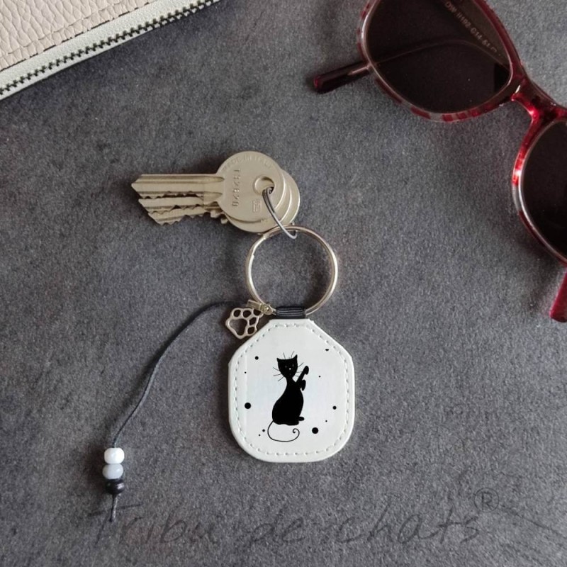 Porte-clés chat noir, simili-cuir, boutique objets chat |Tribu de chats