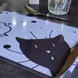 Set de table chat, tête chat noir, papier plastifié, noir et blanc, Tribu de chats