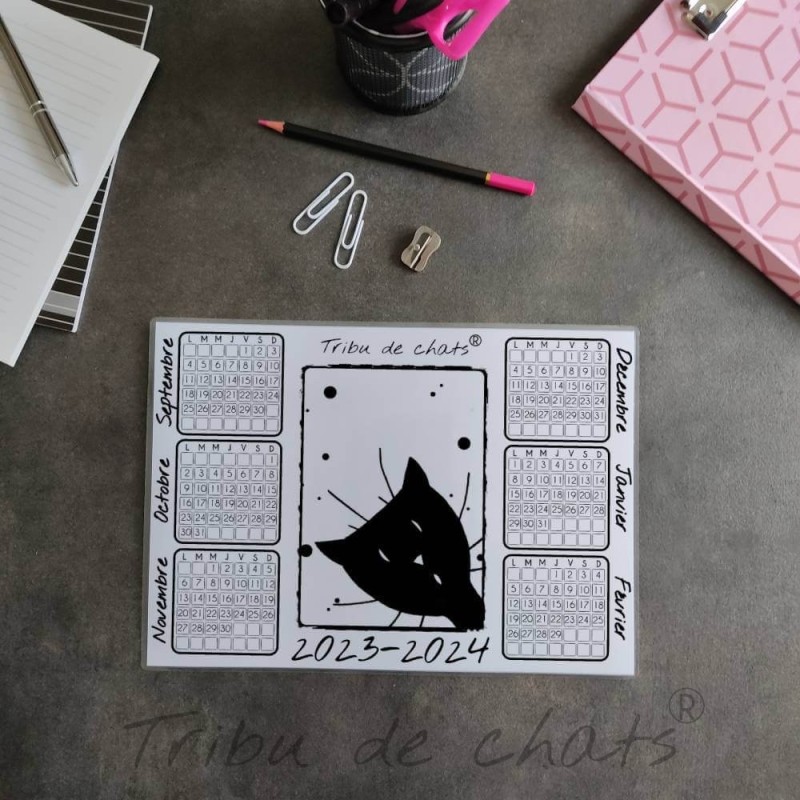 Calendrier chat 2023-2024, tête chat noir, papier plastifié recto verso, Tribu de chats