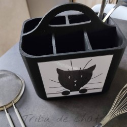 Pot à ustensiles chat, tête chat noir, bois, noir et blanc, Tribu de chats