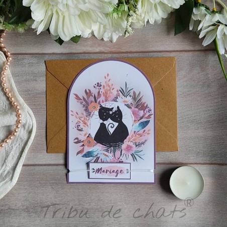 Faire-part mariage bohème thème chat, carte simple, Tribu de chats