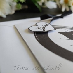Faire-part mariage classique thème chat, pochette, noir et blanc, Tribu de chats