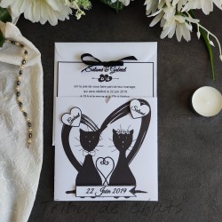 Faire-part mariage classique thème chat, pochette, noir et blanc, Tribu de chats