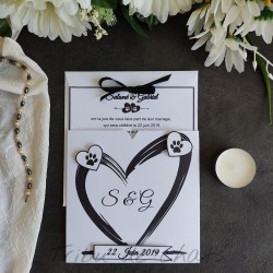 Faire-part mariage classique initiales du couple, pochette, noir et blanc, Tribu de chats