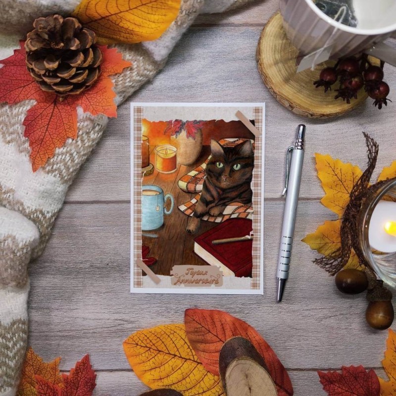 Carte d'anniversaire chat et automne hygge, Tribu de chats
