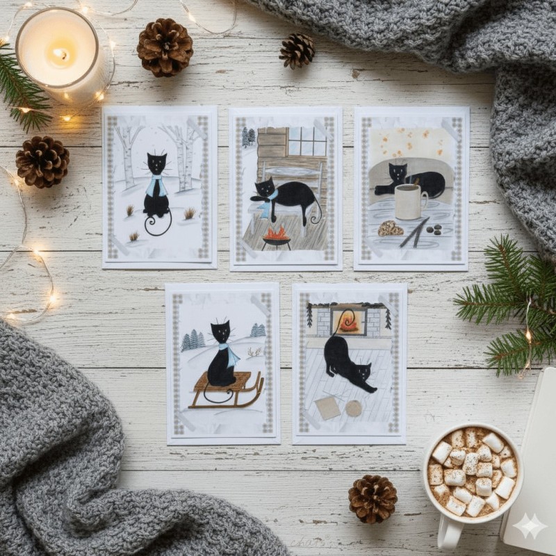 Cartes de voeux “Chats noirs & hiver Hygge” – Illustration à l’aquarelle, création artisanale | Tribu de chats