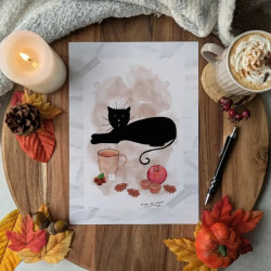 Affiche “Chat noir & Automne hygge”, gourmandise – Illustration à l’aquarelle, création artisanale | Tribu de chats