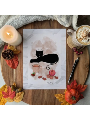 Affiche “Chat noir & Automne hygge”, gourmandise – Illustration à l’aquarelle, création artisanale | Tribu de chats