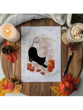 Affiche “Chat noir & Automne hygge”, lumière – Illustration à l’aquarelle, création artisanale | Tribu de chats