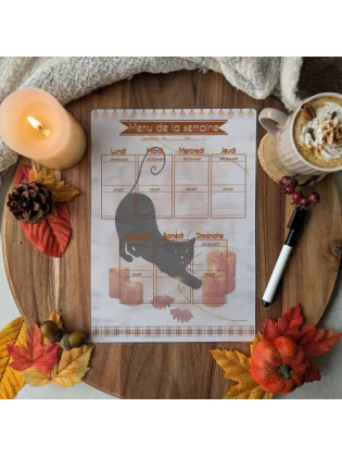 Menu “Chat noir & Automne hygge”,lumiere – Illustration à l’aquarelle, création artisanale | Tribu de chats