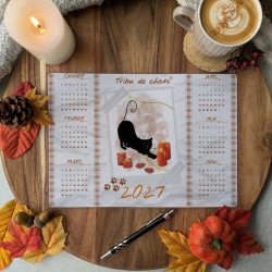 Calendrier 2027 “Chat noir & Automne hygge” – Illustration à l’aquarelle, création artisanale | Tribu de chats
