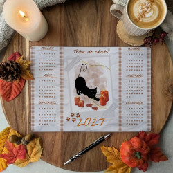 Calendrier 2027 “Chat noir & Automne hygge” – Illustration à l’aquarelle, création artisanale | Tribu de chats