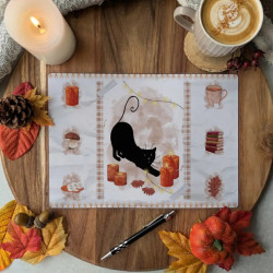 Set de bureau “Chat noir & Automne hygge”, lumiere – Illustration à l’aquarelle, création artisanale | Tribu de chats
