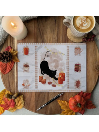 Set de bureau “Chat noir & Automne hygge”, lumiere – Illustration à l’aquarelle, création artisanale | Tribu de chats