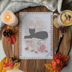 Papier à lettre “Chat noir & Automne hygge”, gourmandise – Illustration à l’aquarelle, création artisanale | Tribu de chats