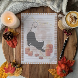 Papier à lettre “Chat noir & Automne hygge”,lumiere – Illustration à l’aquarelle, création artisanale | Tribu de chats