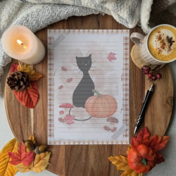 Papier à lettre “Chat noir & Automne hygge”, nature – Illustration à l’aquarelle, création artisanale | Tribu de chats