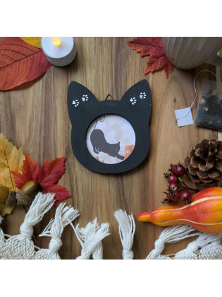 Cadre “Chat noir & Automne hygge”, lumière – Illustration à l’aquarelle, création artisanale | Tribu de chats