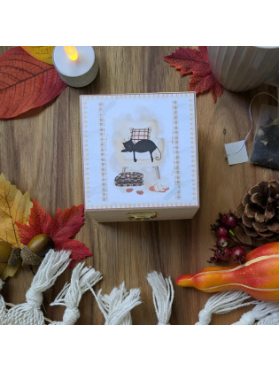 Boîte “Chat noir & Automne hygge”, confort – Illustration à l’aquarelle, création artisanale | Tribu de chats
