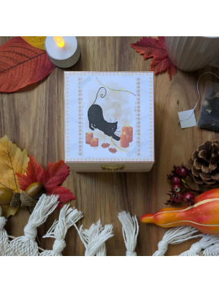 Boîte “Chat noir & Automne hygge”, lumiere – Illustration à l’aquarelle, création artisanale | Tribu de chats