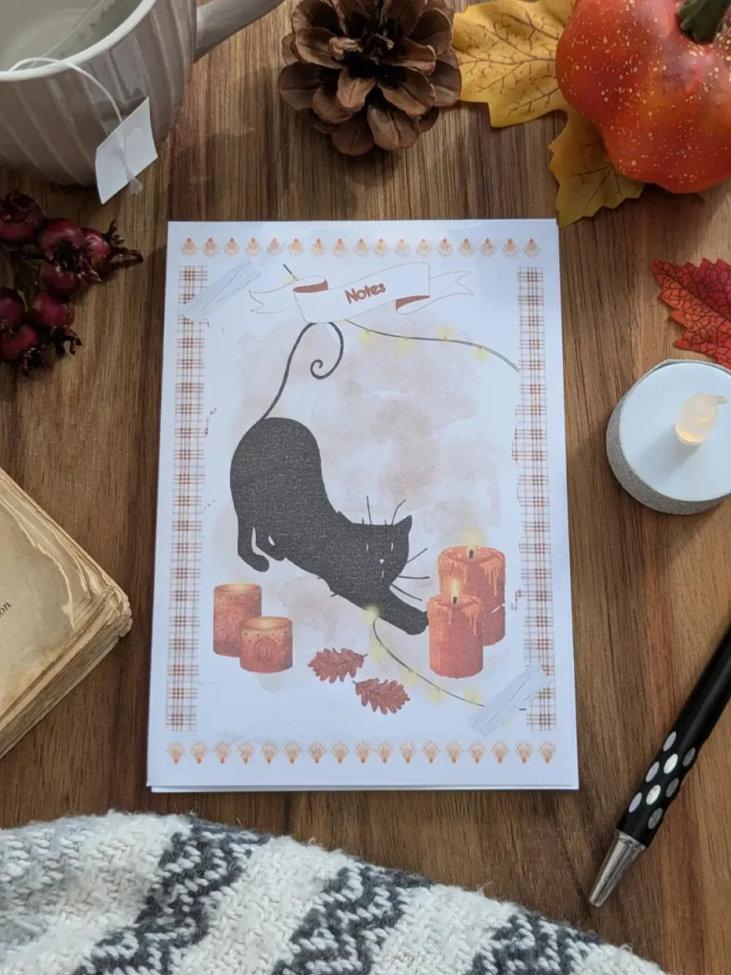 Bloc-notes “Chat noir & Automne hygge” – Illustration à l’aquarelle, création artisanale | Tribu de chats
